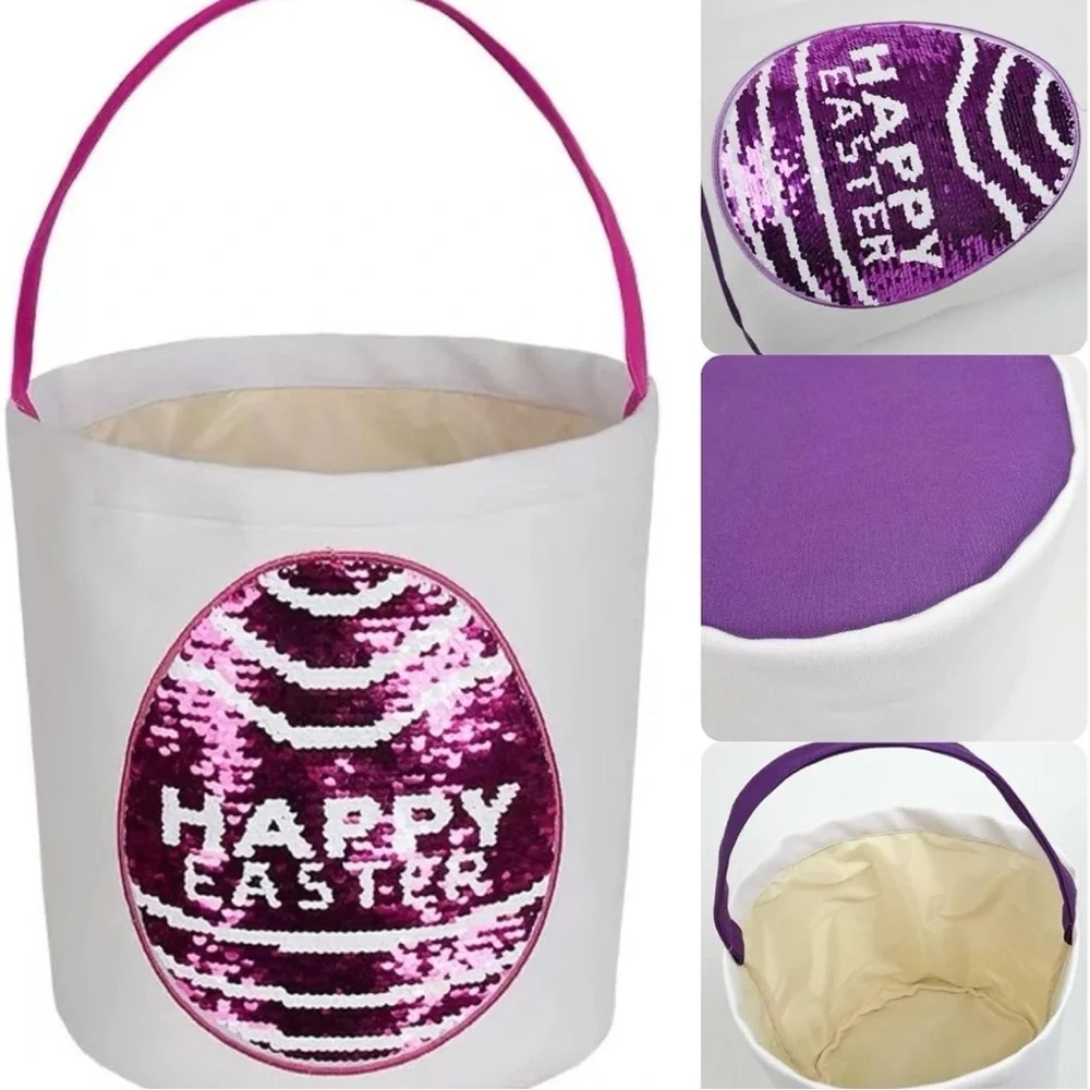 Purple Sequin Canvas Easter Basket for Kids: Personalized Bunny Tote